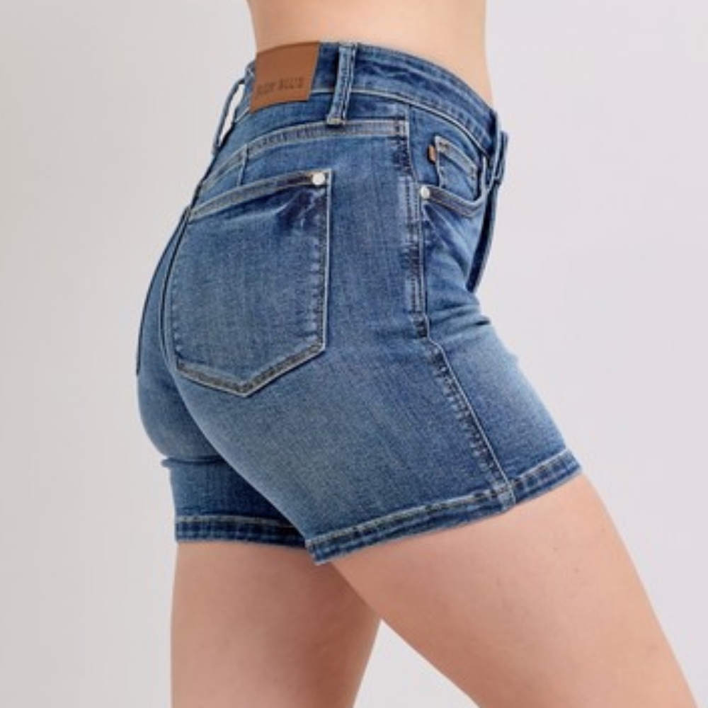 Judy Blue High Rise Waist Denim Slim Fit Classic Retro Mid-Length Jean Shorts - Picture 3 of 13
